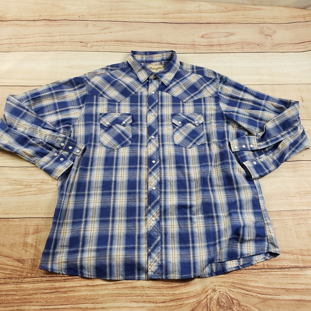 Wrangler Shirt Mens XL Blue Orange Outdoors Pearl Snap Western‎ Plaid Adult